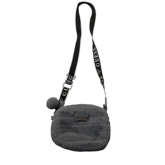 Guess Shoulder Bag Womens Gray Faux Fur Crossbody Purse Pom Pom Strap Logo Purse - Picture 1 of 8